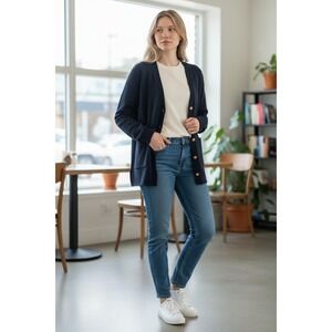 Vintage White Stag Navy Blue Cardigan Sweater Gold Buttons Blazer Style M